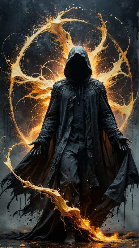 horror film style the image portrays a dark and enigmatic figure, clad in a long cloak that obscures their identity. the figure is situated within a circular motif composed of splattered black ink, reminiscent of an ethereal halo or aura surrounding them. this motif encircles the figure, further emphasizing its significance. the backdrop consists of yellowish splatters, which contrast with the darker tones of the figure and the black motif. these splatters are scattered across the canvas, creating a sense of chaos and unpredictability. overall, this artwork exudes a mysterious and dramatic atmosphere, leaving viewers to speculate about the identity and intentions of the cloaked figure at its center. . suspenseful music, dark visuals, supernatural events, jump scares 
photography. Natural geographic photo. trending on artlist, Hyper-realistic, 16k resolution, intricate details.
(masterpiece, award winning artwork)
many details, extreme detailed, full of details,
Wide range of colors, high Dynamic
 OverallDetailXL
<lora:add-detail-xl:0.95>
<lora:WildcardX-XL-Detail-Enhancer:0.9>
<lora:xl_more_art-full_v1:0.2>
<lora:ElementsMixSDXL:1> ElementsMix, fire, water, wind, earth