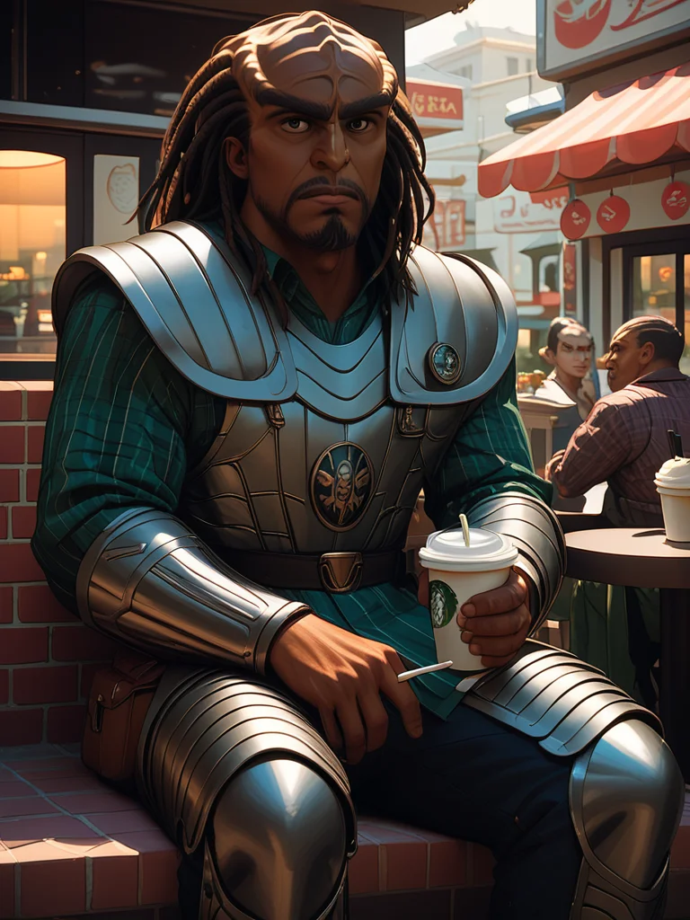 sitting at a sidewalk cafe drinking a latte <lora:Klingon_v2_pony:1> score_9,score_8_up,score_7_up,score_6_up,score_5_up,score_4_up , 1man, kling0n alien, large forehead ridges, brown skin, large eyebrows, wearing warrior armor,
