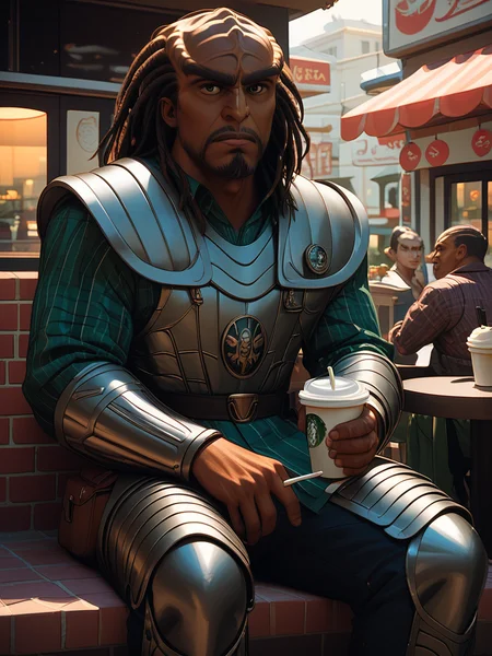 sitting at a sidewalk cafe drinking a latte <lora:Klingon_v2_pony:1> score_9,score_8_up,score_7_up,score_6_up,score_5_up,score_4_up , 1man, kling0n alien, large forehead ridges, brown skin, large eyebrows, wearing warrior armor,