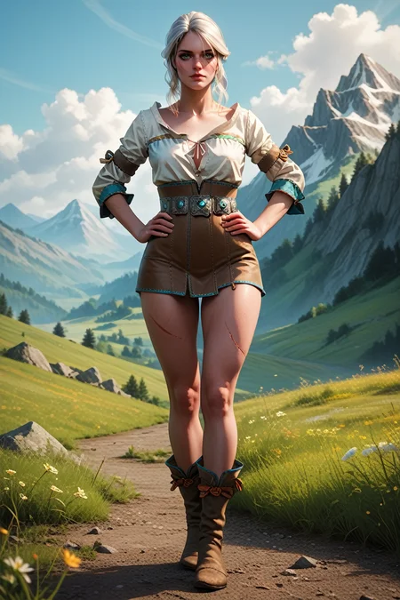 score_9, score_8_up, score_7_up,
<lora:CiriWitcher:0.8>
CiriWitcher, 1girl, white hair, green eyes, scar, looking at viewer, hands on hips, mountains, field, full body