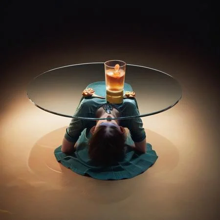 score_9, score_8_up, score_7_up, rating_safe, concept art, semi-realistic, 1girl, solo.
Young beautiful face, fit body, Sexy body.
Forniphilia, human table (Pose), Glass table,
((On Kness))