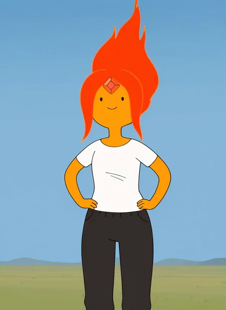 artist:, masterpiece, best quality, newest, very awa, absurdres, highres, advt, 1girl, flmp, smile, orange skin, dot eyes, flame hair, forehead jewel, white t-shirt, black track pants, looking at viewer, daytime, blue sky, detailed, <lora:SDXL\Illustrous\Adventure_Time_style_and_characters:1.0>