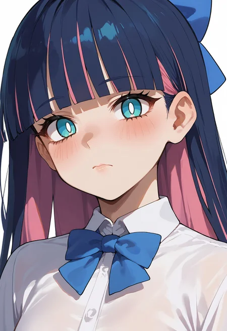 score_9,score_8_up,score_7_up,source_anime <lora:stocking_psg_pdxl_goofy:1>sstocking \(psg\), 1girl, pink hair,black hair, bangs, solo, bow, blue bow, looking at viewer, white background, shirt, hair bow, simple background, upper body, blush, white shirt, white pupils, blue hair, closed mouth, long sleeves