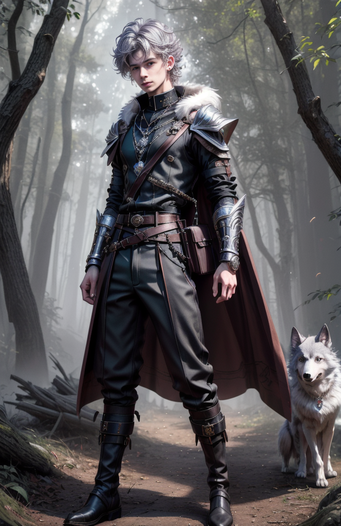 8k,  ((masterpiece)).((best quality:1.2)),  sharp focus, full body, head to toe, 1 young man, 22 years old, youthful appearance, male focus, dynamic pose,  silver colored hair, curly hair, EYESHD, Nora outfit fur accents, Nora outfit bead necklaces, Nora outfit pants, Nora outfit hip quiver, Nora outfit leg guards, Nora outfit arm braces, Nora outfit belt with pouches, and Nora outfit fur boots,   defined body, thin waist, looking at camera, armor,  detailed background a wooded clearing, a pet wolf standing nest to him,(absurdres) , <lora:more_details:0.5>, <lora:wrenchftmfshn>,<lora:add-detailxl:0.8>, <lora:Eyes_High_Definition-000007>,  <lora:bulge:1>, <lora:lightup_brightness_v200:1>, <lora:Nora:1>
