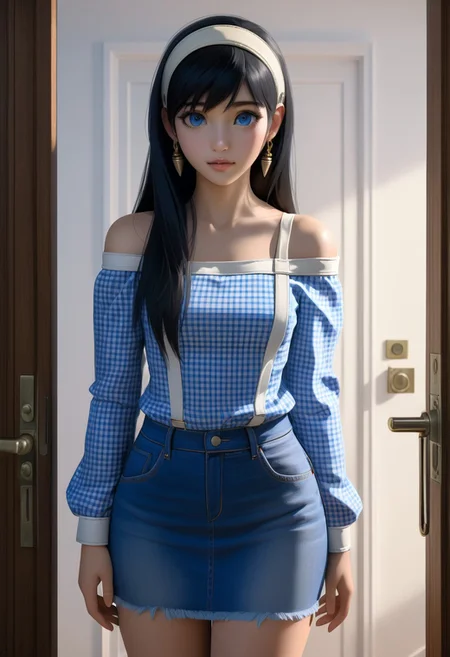 young asian-caucasian girl, {yor briar, black hair, earrings, white ribbon hairband, hairband, long hair}, posing in front of house 's door, she is long straight hair, wearing long sleeves off-shoulder blouse (+blue checkered blouse), white shoulder straps, blue denim pencil mini skirt, BREAK, (1girl, solo, full body, looking at viewer, front view), (best quality,4k,8k,highres,masterpiece:1.2),ultra-detailed,(realistic,photo-realistic:1.37),cinematic lighting,moody lighting,dramatic shadows,vibrant colors, (expressive eyes, perfect face, perfect anatomy)