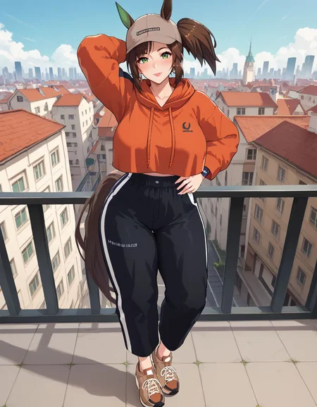 <lora:Ines_fujin_v1.0_Cibitai:0.7>, I_FUJIN,ines fujin,side ponytail,blunt bangs,asymmetrical bangs,brown hair,green eyes,freckles,horse girl,horse ears,horse tail,IF_C,single green ear cover,baseball cap,brown cap,orange hoodie,long sleeves,cropped hoodie,hood down,brack undershirt,shirt tucked in,sweatpants,black sweatpants,brown sneakers,brown shoes,rooftop, sky, cityscape,,full body, standing, arm behind head,eye level, view from side, <lora:Ultimate_Milf_XL:1>, Mature Female, Milf, tall girl,, , score_9, score_8_up, score_7_up, score_6_up, rating_explicit, looking at viewer, 1girl, huge breasts, thick thighs, blush, wide hips, narrow waist,