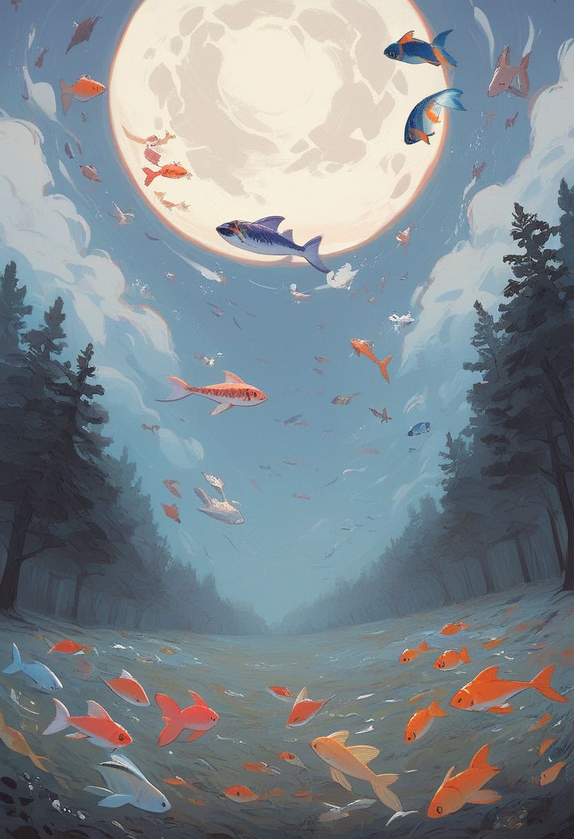 score_9, score_8_up, score_7_up, score_6_up,
nature background, clouds, fields, night time, dark county side, moon in the sky, huge moon, glowing moon, white glow, horizon view, flat horizon, forest, deep forest
flying fish, fish floating, fish swimming thriugh the sky, betta fish, multi colour fish,  swarm of fish, 30 fish, huge swarm of fish,fish ,Aquatic life, swarm of fish around a big fish, koi angel fish, , large fish, dragon fish, koi fish, multicolored fish