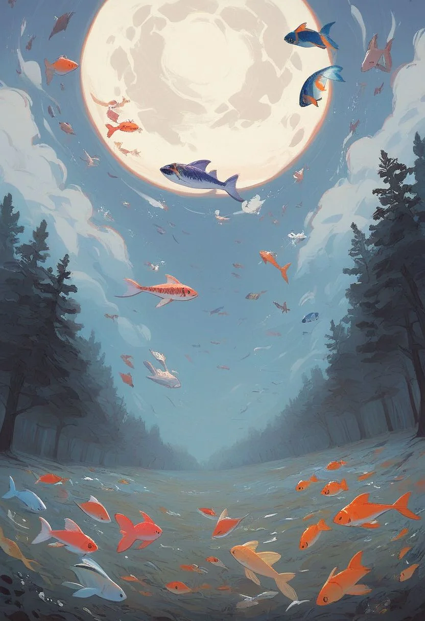 score_9, score_8_up, score_7_up, score_6_up,
nature background, clouds, fields, night time, dark county side, moon in the sky, huge moon, glowing moon, white glow, horizon view, flat horizon, forest, deep forest
flying fish, fish floating, fish swimming thriugh the sky, betta fish, multi colour fish, swarm of fish, 30 fish, huge swarm of fish,fish ,Aquatic life, swarm of fish around a big fish, koi angel fish, , large fish, dragon fish, koi fish, multicolored fish