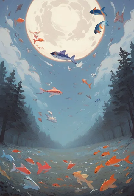score_9, score_8_up, score_7_up, score_6_up,
nature background, clouds, fields, night time, dark county side, moon in the sky, huge moon, glowing moon, white glow, horizon view, flat horizon, forest, deep forest
flying fish, fish floating, fish swimming thriugh the sky, betta fish, multi colour fish, swarm of fish, 30 fish, huge swarm of fish,fish ,Aquatic life, swarm of fish around a big fish, koi angel fish, , large fish, dragon fish, koi fish, multicolored fish