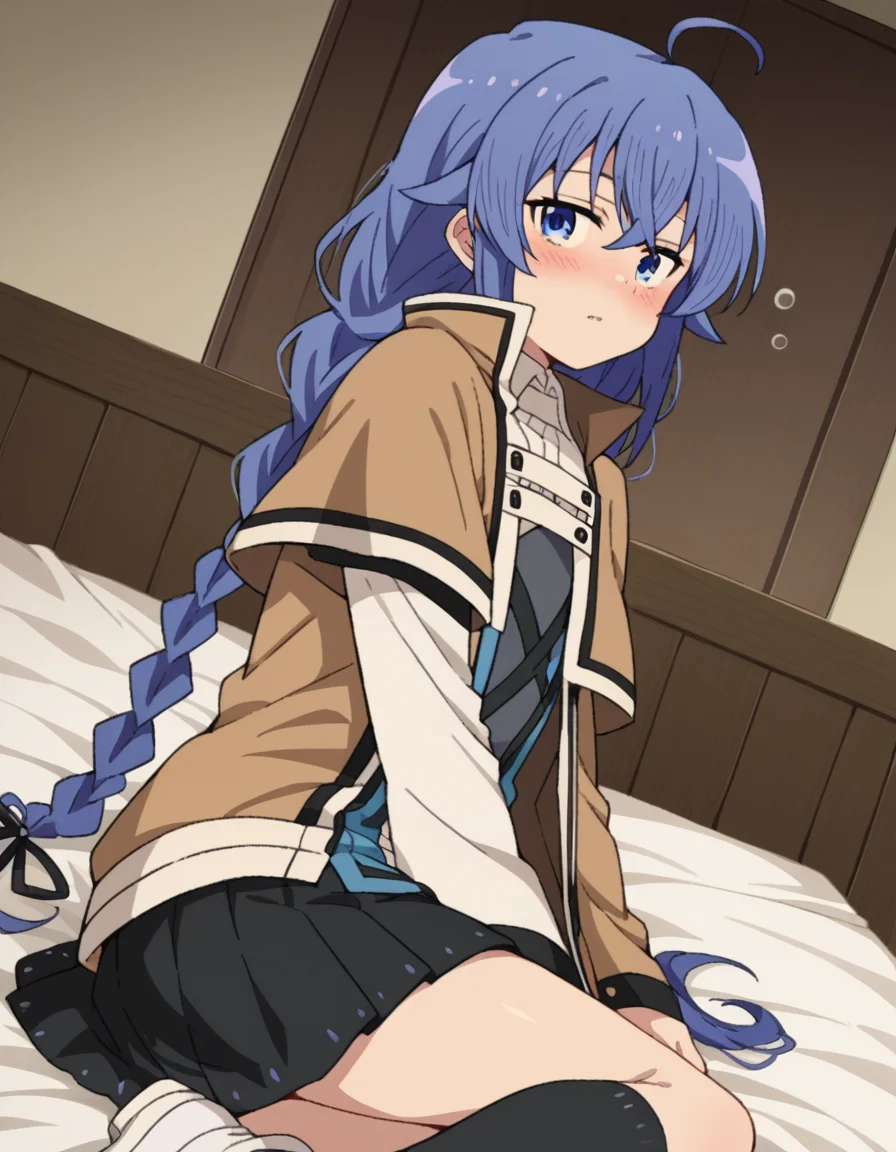 score_9, score_8_up, score_7_up, source_anime,
roxymigurdia, <lora:roxy-migurdia-s1-ponyxl-lora-nochekaiser:1>,
roxy migurdia, ahoge, black ribbon, blue eyes, blue hair, braid, hair between eyes, hair ribbon, long hair, twin braids, very long hair,
black legwear, black skirt, capelet, jacket, brown jacket, long sleeves, miniskirt, open clothes, open jacket, pleated skirt, skirt, white capelet, white footwear, white jacket,
indoors, bed, bed room, on side, blush, drunk,
looking at viewer, dutch angle, cowboy shot,