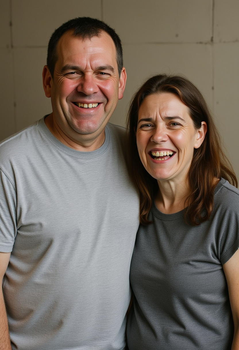 a man and woman standing next to each other with their mouths open, both wearing t-shirts. The background of the image is a wall.
