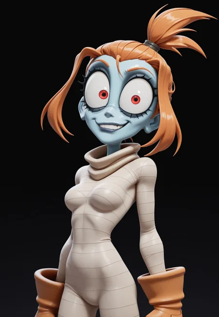 3d, cell shaded, cartoony, masterpiece, best quality, detailed background, 8k, 1girl, solo, Mel, blue skin, colored skin, red eyes, big eyes, orange hair, ponytail, topknot, white bodysuit, bandages, orange gloves, smirk, teeth, breasts, dark background, half body, staring at viewer, no pose