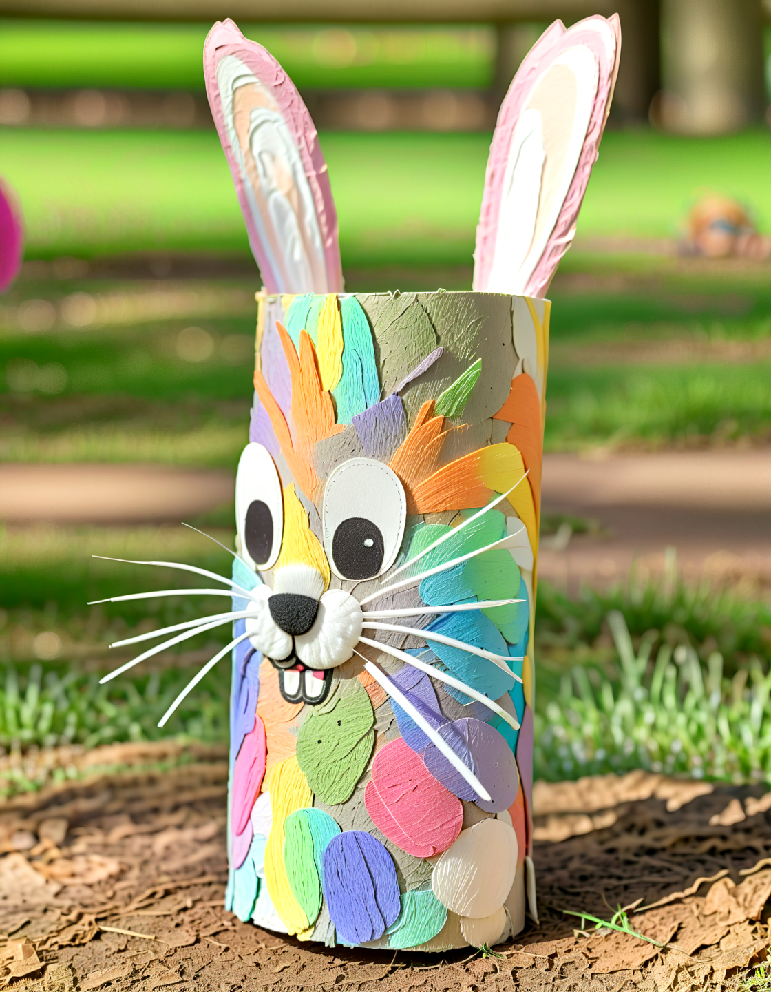Macro Photography rodger rabbit made of toilete paper roll, tprc style, at a park, clorfull, masterpice, 8k,,, Macro Photography, often for close-up views, small subjects, or detailed examination.