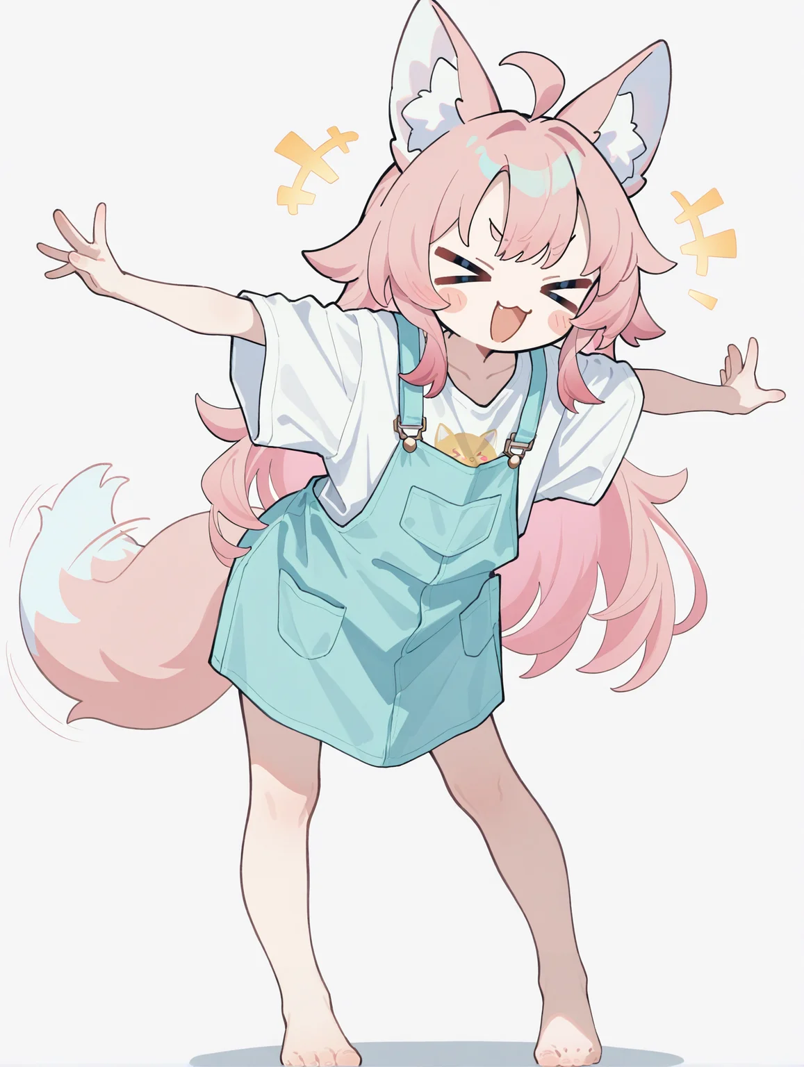 1girl,
solo, fox girl, flat chest, standing, leaning forward, open legs, open arms, v-shaped eyebrows, open mouth, facing viewer, oversized shirt, simple background, white background, full body, flat color, pastel colors, smile, :3, >_<, t-shirt, pink hair, long hair, animal ears, oversized clothes, white shirt, closed eyes, no nose, fox tail, fox ears, tail wagging, shirt, short sleeves, very awa hime, tail, blush stickers, barefoot,
a charming illustration by the artist oyuyu, known for their whimsical and endearing style. The central figure is a character from the series "Fate/Grand Order" or "Fate," identifiable by her distinctive features such as pink hair with fox ears, a tail, and a playful expression.,
masterpiece, best quality, newest, very aesthetic, absurdres, highres, sfw, general