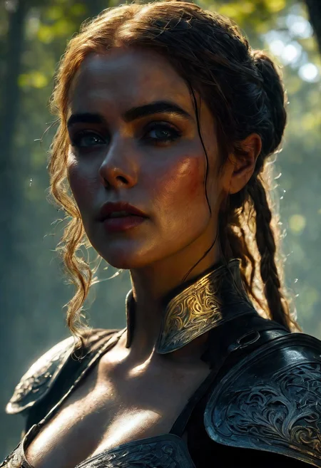 Ultra detailed digital art masterpiece Warrior girl dressed in a iron Armor, Standing on a battlefield at the head of an army of knights, where a bloody slaughter is taking place, standing in battle pose, a dark epic fantasy, perfect lighting, beautiful Kiernan Shipka as Warrior girl, attractive woman, elegant, sinewy athletic body, unreal engine 5 nanite quality, mixed with dark elements, dark environment, very stormy day, clean dark velour witch clothing, LOTR style, dark washed out eyeliner, no make up, natural bloody face, realistic brown eyes, ultra detailed atmospheric details, beautiful glowing effects, sparkle effects, realistic body proportions, beautiful face proportions, complex masterpiece, wavy blonde hair, hair braided into pigtails, creative glowing detailed tattoos, complex physics, enhanced colors, complimentary colors, ultra detailed raytracing reflections, Ultra detailed complex background, environment feels alive, direct eye contact, dramatic lighting, wet and sweaty skin, beautiful firm Breasts, Daylight, Concept art portrait by Greg Rutkowski, adding to the intense and dynamic atmosphere of the scene.
