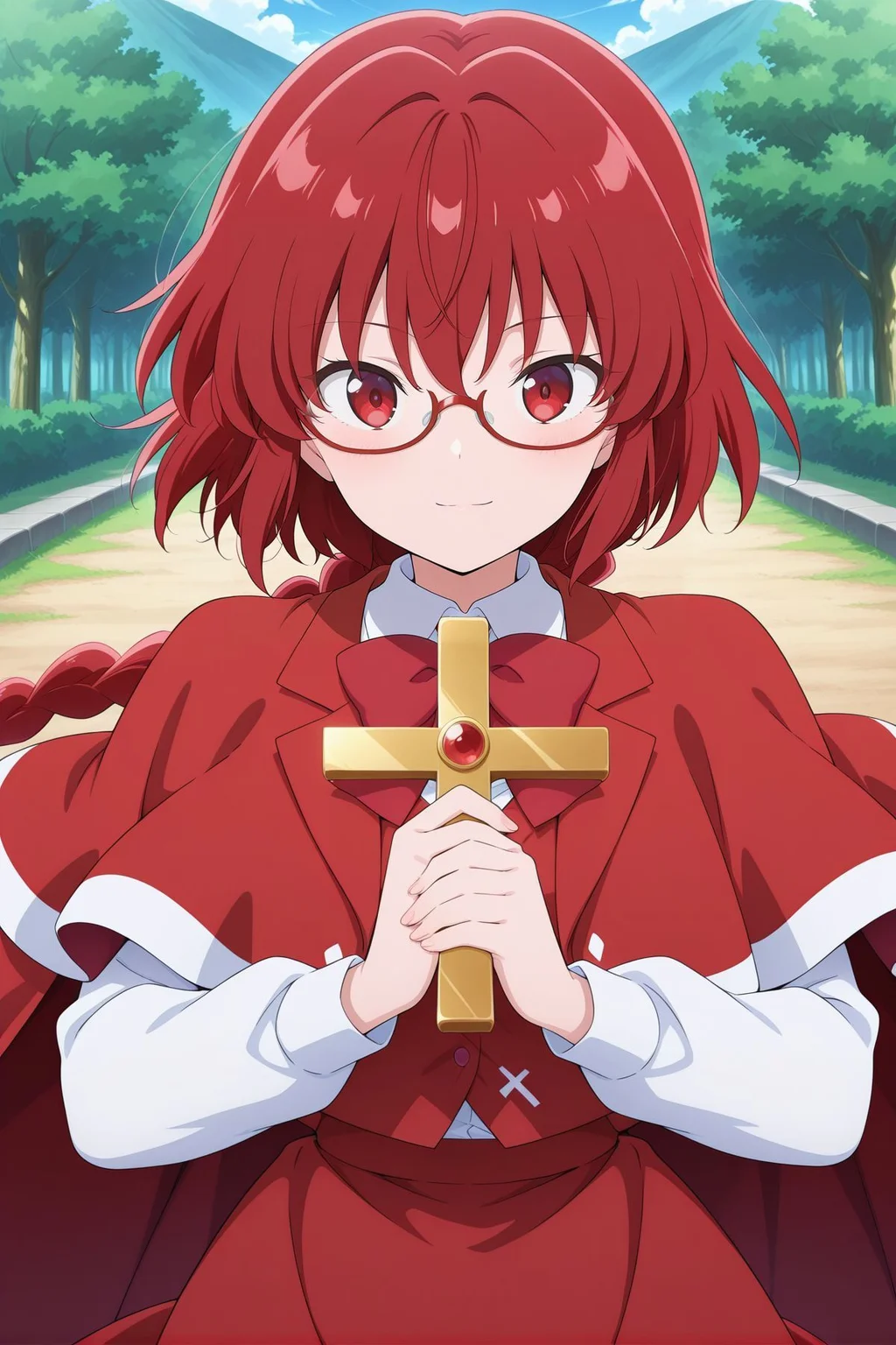absurdres, highres, masterpiece, best quality, amazing quality, official anime artwork, screencap, anime screencap, outdoors, looking at viewer, light smile, dynamic pose, standing,
<lora:Yumemi-Okazaki_Illustrious:1> okazaki yumemi, 1girl, solo, red eyes, red hair, long hair, single braid,, red bowtie, red capelet, red cape, red-framed eyewear, white shirt, long sleeves, red vest, red skirt, holding cross,