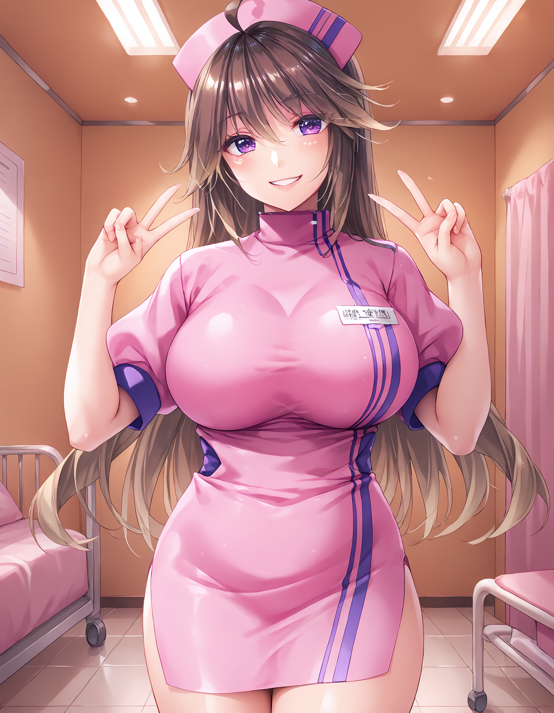 score_9, score_8_up, score_7_up, source_anime, <lora:add-detail-xl:1>, good anatomy, masteries, amazing quality, ultra detailed, good hand
BREAK <lora:Hinata-Agano Oppai Dekai!! Nurse to Ichakora Ero×2 Nyuuin Seikatsu (Atelier Kaguya):0.9> Hinata-Agano, brown hair, long hair, ahoge,  purple eyes, huge breasts,
BREAK outfit01, nurse uniform, dress, pink dress, short dress, short sleeves, side slit dress skirt, name tug,
BREAK 1girl, standing, smile, hands up, double v, in hospital, hospital room