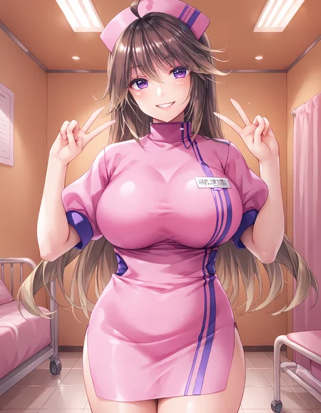 score_9, score_8_up, score_7_up, source_anime, <lora:add-detail-xl:1>, good anatomy, masteries, amazing quality, ultra detailed, good hand
BREAK <lora:Hinata-Agano Oppai Dekai!! Nurse to Ichakora Ero×2 Nyuuin Seikatsu (Atelier Kaguya):0.9> Hinata-Agano, brown hair, long hair, ahoge, purple eyes, huge breasts,
BREAK outfit01, nurse uniform, dress, pink dress, short dress, short sleeves, side slit dress skirt, name tug,
BREAK 1girl, standing, smile, hands up, double v, in hospital, hospital room