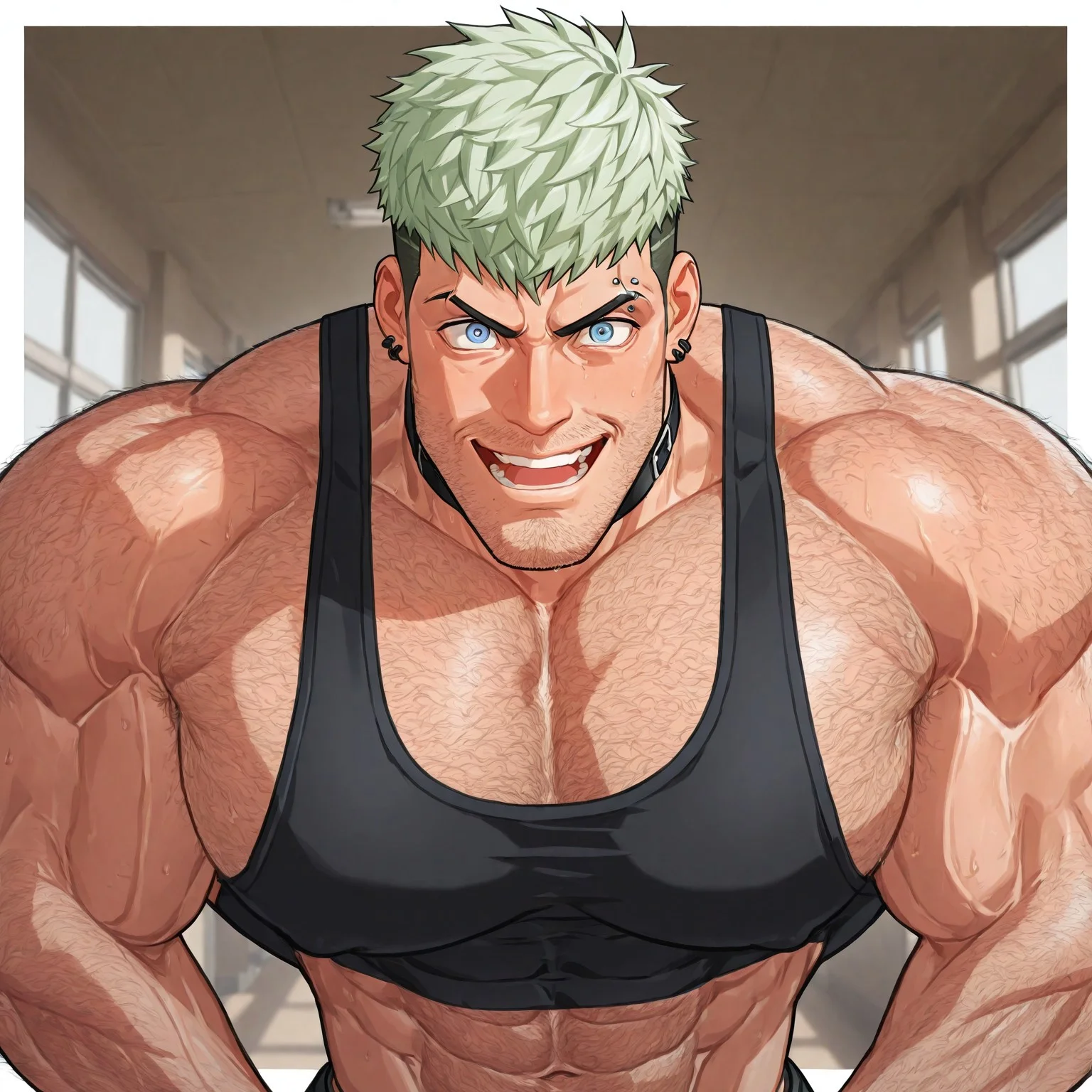 masterpiece, best quality, newest, absurdres, highres, white borders around characters, dim Light, dark soft light, school hallway, BREAK bara, muscular male, male focus, 1man, male focus, 1boy, big pecs, bodybuilder, huge shoulders, hairy shoulders, hairy body, body hair, huge muscles, bowlcut hair, bowlcut, black body hair, messy hair, very short hair, fade haircut, light green hair, (((black stubble))) stubble, {{beefy}}, {{muscular}}, {{large}}, {{tall}}, portrait, HD, detailed face, veiny neck, veiny arms, upper body focus, portrait, face close up, close up shot, very awa, best quality, absurdres, newest, perfect quality, mouth closed, tight crop top, tank top, black crop top, black choker, eyebrow piercing, light blue eyes, light skin, thin waist, fade haircut, shoulder angle, face close up, zoom on face, black earrings, crazy, insane, laughing at viewer, mouth open, dynamic pose
