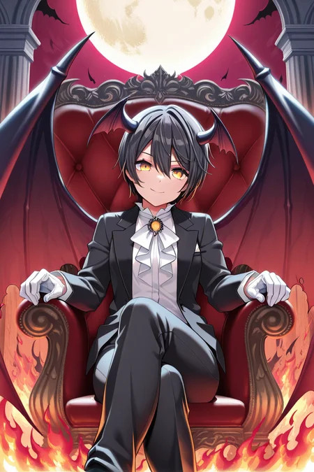 masterpiece, best quality, amazing quality,
 <lora:Aoi_IL:1> aoi, 1girl, gloves, wings, black hair, white gloves, yellow eyes, smile, crossed legs, solo, looking at viewer, sitting, pants, fire, formal, shirt, hair between eyes, white shirt, suit, moon, demon wings, black pants, jacket, black jacket, devil