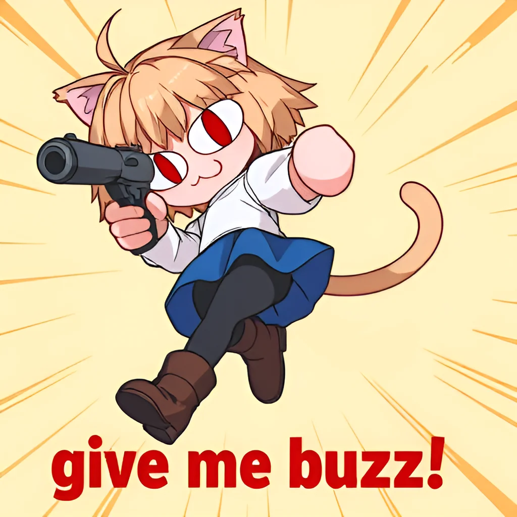 an image of Neco Arc, a chibi with short, messy, light tan hair. She has large, red eyes and cat ears. She wears a simple, white, long-sleeved shirt, and a blue, pleated skirt. Her legs are covered in dark gray tights, and she is wearing brown, ankle-length boots. Her tail, which is light tan and slightly curved, emerges from her skirt and extends behind her. She has a very happy look. She is pointing a gun at the viewer with an angry look on her face. Strong perspective effect, the camera has its focal point on the gun. Text at the bottom reads "give me buzz!" in bloody red font. The background is a vibrant yellow with lots of action lines. one tail only