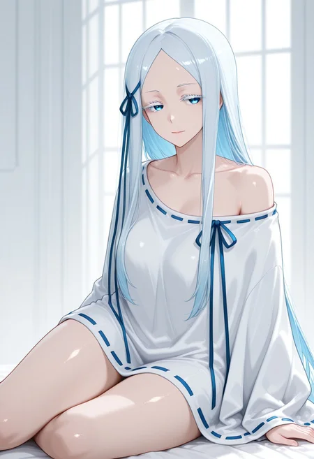 detailed eyes, detailed face, masterpiece, best quality, 8k resolution, upscaled, denoise, detailed eyelash,
BREAK
pandora(re:zero), mature, white hair, white poncho, ribbon trimmed, off shoulder, collarbone, blue eyes, white eyelashes, sitting on side, thigh, leg,
