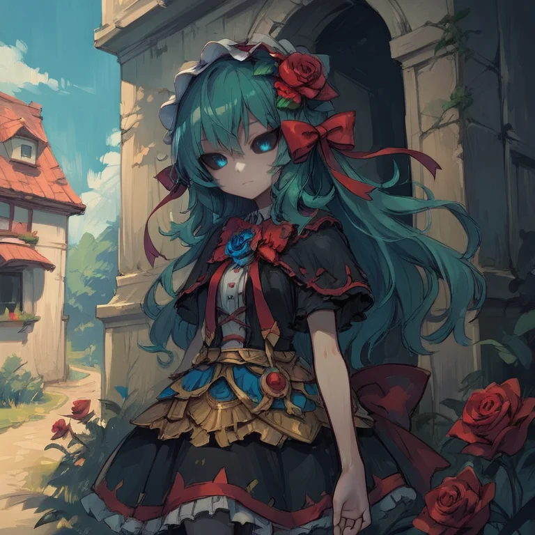 score_9, score_8_up, score_7_up, source anime, BREAK, (cowboy shot), looking at viewer, scenery, (solo), outdoors, exterior, <lora:Tora:0.8> , tordef, 1girl, solo, long hair, green hair, colored sclera, black sclera, blue eyes, hair flower, red rose, red bow, hair ornament, red ribbon, hair bow, hair ribbon, frilled capelet, red bowtie, frilled hairband, smile, <lora:cr33pp41ntXLP:0.6> , cr33pp41nt,