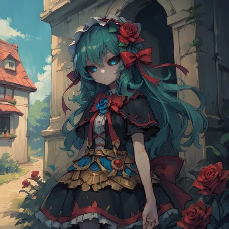 score_9, score_8_up, score_7_up, source anime, BREAK, (cowboy shot), looking at viewer, scenery, (solo), outdoors, exterior, <lora:Tora:0.8> , tordef, 1girl, solo, long hair, green hair, colored sclera, black sclera, blue eyes, hair flower, red rose, red bow, hair ornament, red ribbon, hair bow, hair ribbon, frilled capelet, red bowtie, frilled hairband, smile, <lora:cr33pp41ntXLP:0.6> , cr33pp41nt,
