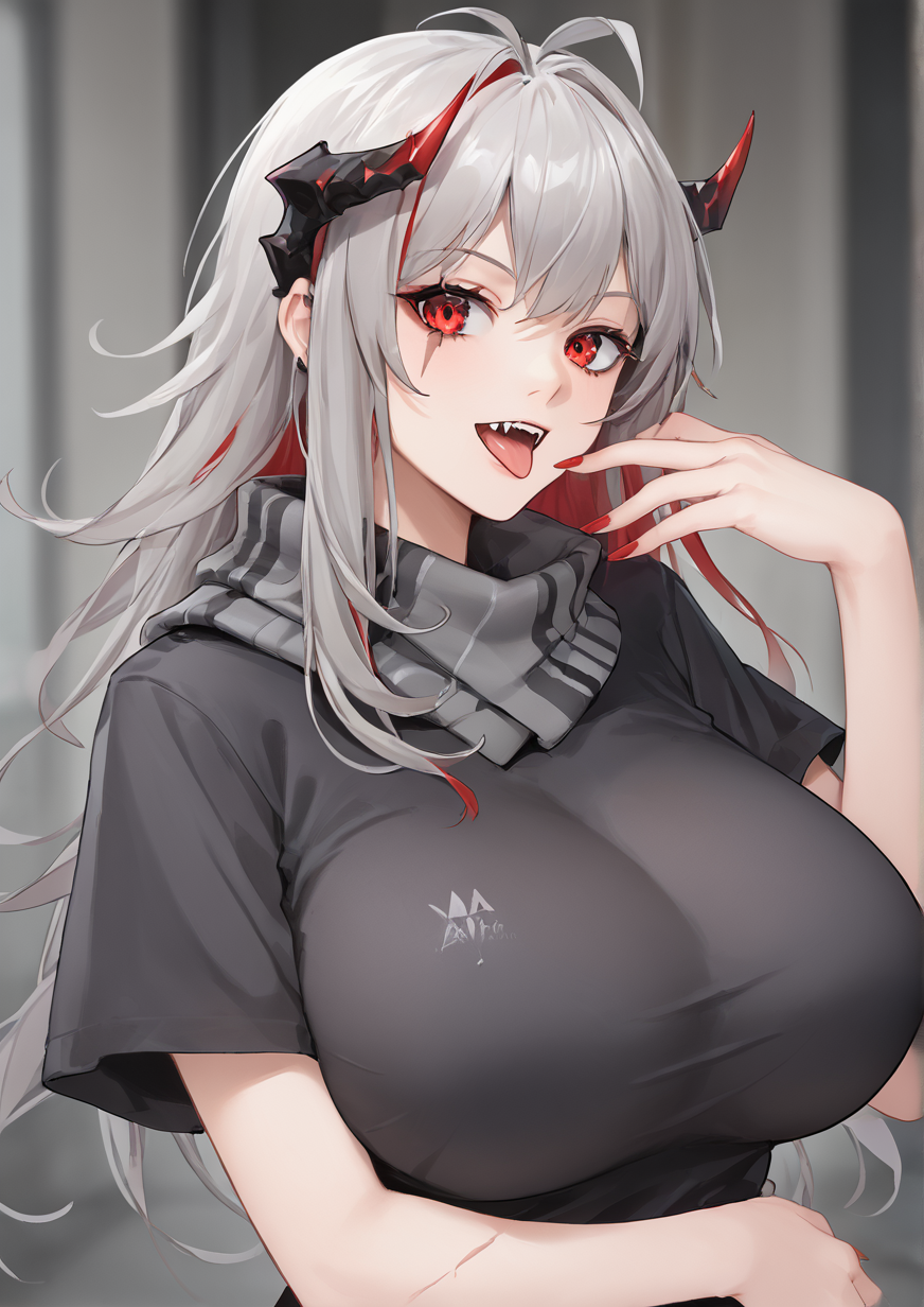 1girl, w (arknights), huge breast, antenna hair, breasts, fangs, fingernails, grey hair, grey scarf, grey shirt, horns, long fingernails, looking at viewer, multicolored hair, nail polish, open mouth, red eyes, red hair, red nails, scar, scar on arm, scarf, shirt, short sleeves, solo, teeth, tongue, tongue out, two-tone hair, upper body, upper teeth only, zPDXL3  <lora:zhudouziDOU:0.8>