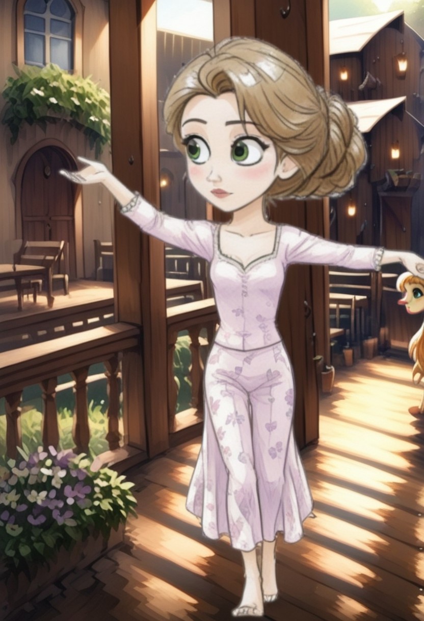 headsize, very large head, 1girl, RapunzelWaifu, lively,  dancing on balcony, nighttime,  wearing floral gown, graceful, anime style