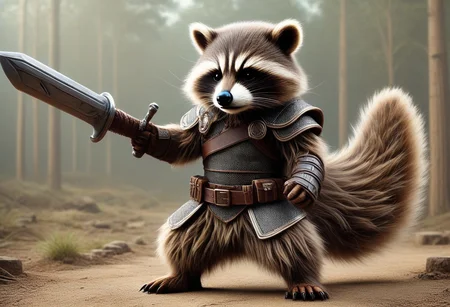 furry warrior racoon, masterpiece, best quality, very aesthetic, absurdres, good_hands, hand, made of w00kiee