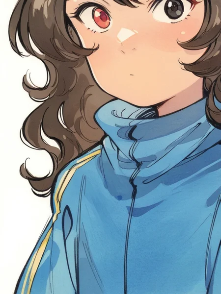 score_9, score_8_up, score_7_up,  
1girl, natsu tsukishima, brown hair, long hair, wavy hair, heterochromia, red eyes, black eyes,
white background, blue track jacket, face, close-up, looking at viewer, closed mouth,