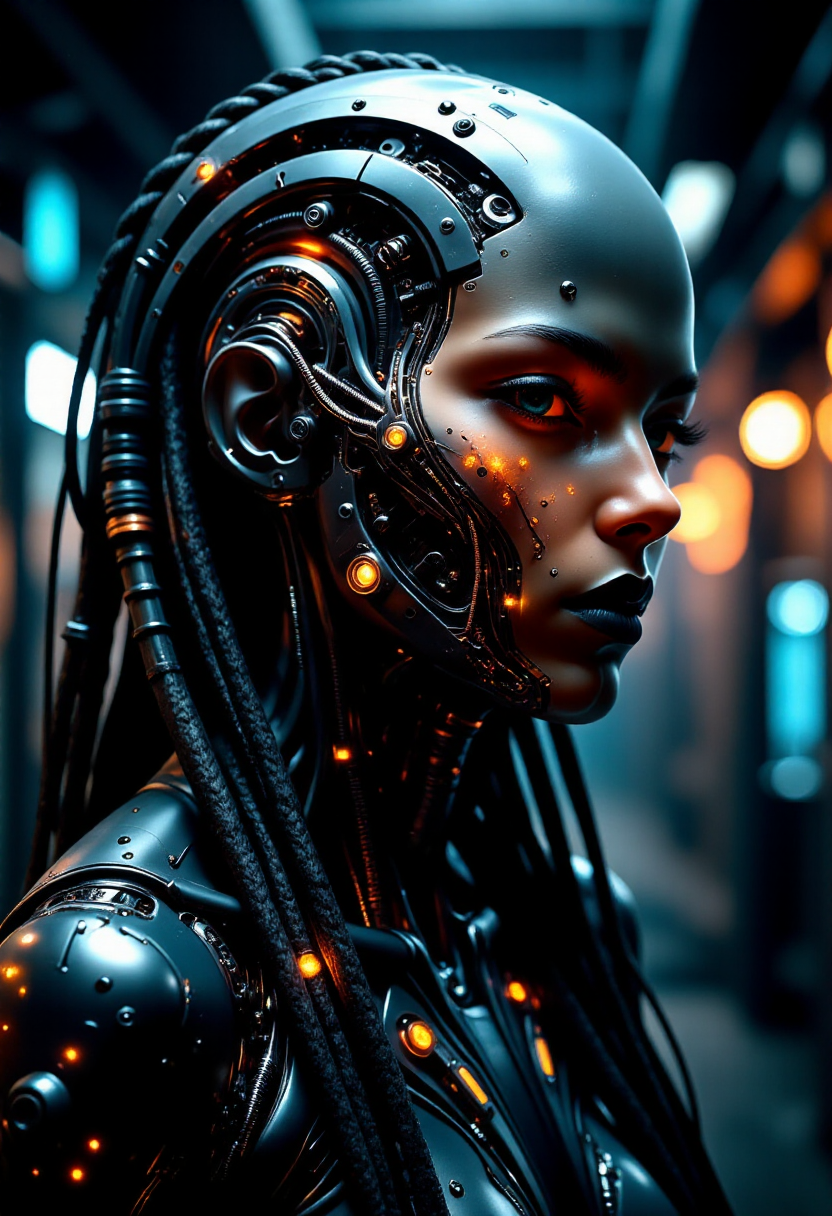Delirium style, AbstractChaos style, cybernetic woman with a strong, mechanical appearance. Her face is adorned with intricate metal and cybernetic components, including glowing lights and mechanical bolts. Her hair is long and braided, with strands of metal and wires visible. The background should be a dark, industrial setting with blurred lights and structures, giving a sense of a futuristic, sci-fi environment. The overall style should be dark and dramatic, with a focus on the intricate details of the cybernetic components. The subject is a humanoid figure with a smooth, polished, almost metallic dark colored head, suggesting a cybernetic or alien-like appearance. The face is rendered in a gradient of deep colored tones, with intricate, swirling patterns in shades of that evoke the appearance of circuitry or cosmic energy.
<lora:flux_realism_lora:0.8>,  <lora:MysticFantasy:0.8>,  <lora:ARTifacts:0.8>,  <lora:Delirium:0.8>, Delirium style,  <lora:style_of_H._R._Giger_FLUX_295:1>, style of H. R. Giger, <lora:AbstractChaos-Flux:0.5>, AbstractChaos styleâââ