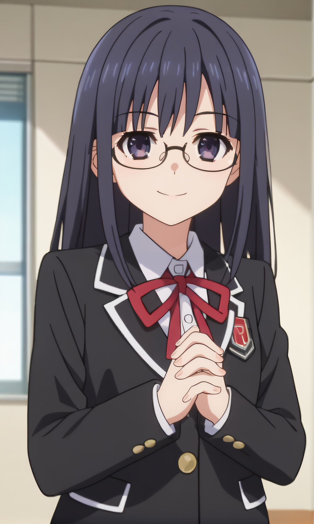 score_9, score_8_up, score_7_up, source_anime, rating_safe, intricate details, anime screencap, official style, anime coloring, 1girl, solo, <lora:Fujibakama_Mii:1>, fujibakamamii, dark hair, dark eyes, glasses, school uniform, white shirt, black blazer, pleated skirt, blue skirt, looking at viewer, smile, indoor, cowboy shot, own hands together, thighs