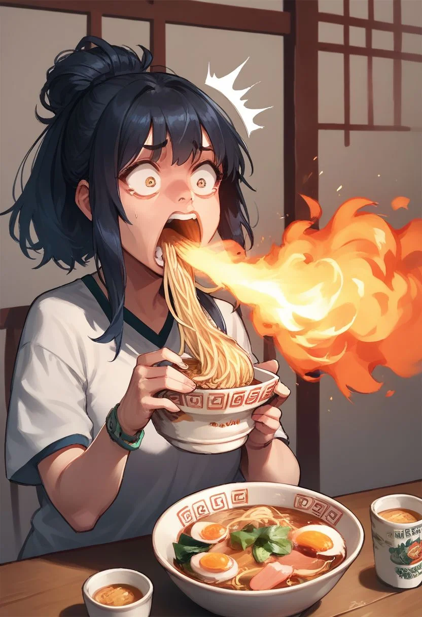 score_9, score_8_up, score_7_up, 1girl, FireBreath, eating ramen, shocked