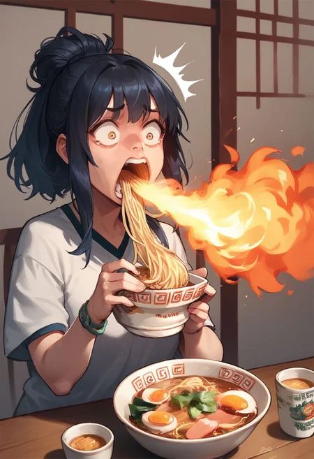 score_9, score_8_up, score_7_up, 1girl, FireBreath, eating ramen, shocked