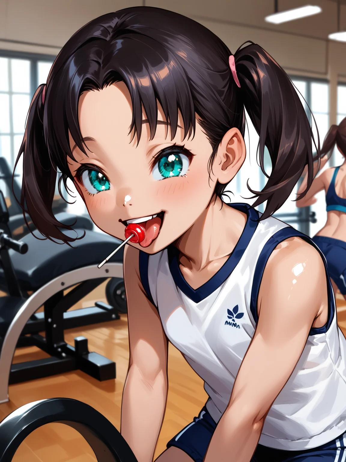 (cowboy shot, solo focus:1.2) <lora:happy_tentacle-minori-v0.2-000027:1>, ht_minori, black hair, twintails, aqua eyes, lollipop, open mouth, tongue, licking, (petite:1.2), <lora:Shed_The_Skin's StS_age_slider_v1_initial_release:-1.1> ( :1.1) ( (head back :0.8) , , (happy :1.2) , torogao , :1.1) , indoors, ((dusk :0.6), :0.8), ( :0.9), (furniture:0.9), , , , people , (science fiction :0.9), gym, training room, exercise machine, gym uniform ( :0.8) score_9, score_8_up, score_7_up, score_6_up, score_5_up, score_4_up, ( [(realistic, photorealistic:1.3):(realistic:1.2):18] [(3d:1.2)::16] :1) <lora:LUUNA's Lunas-NijiJourney-SDXL-B2:0.35>, nijijourney <lora:prgfrg23's Counterfeit-V3.0 Style SDXL_LoRA_Pony Diffusion V6 XL:0.5> <lora:mfcg's mfcgXL:0.12> <lora:reweik's gyokai(himehajime)_PonyXL_style_v01:0.14>