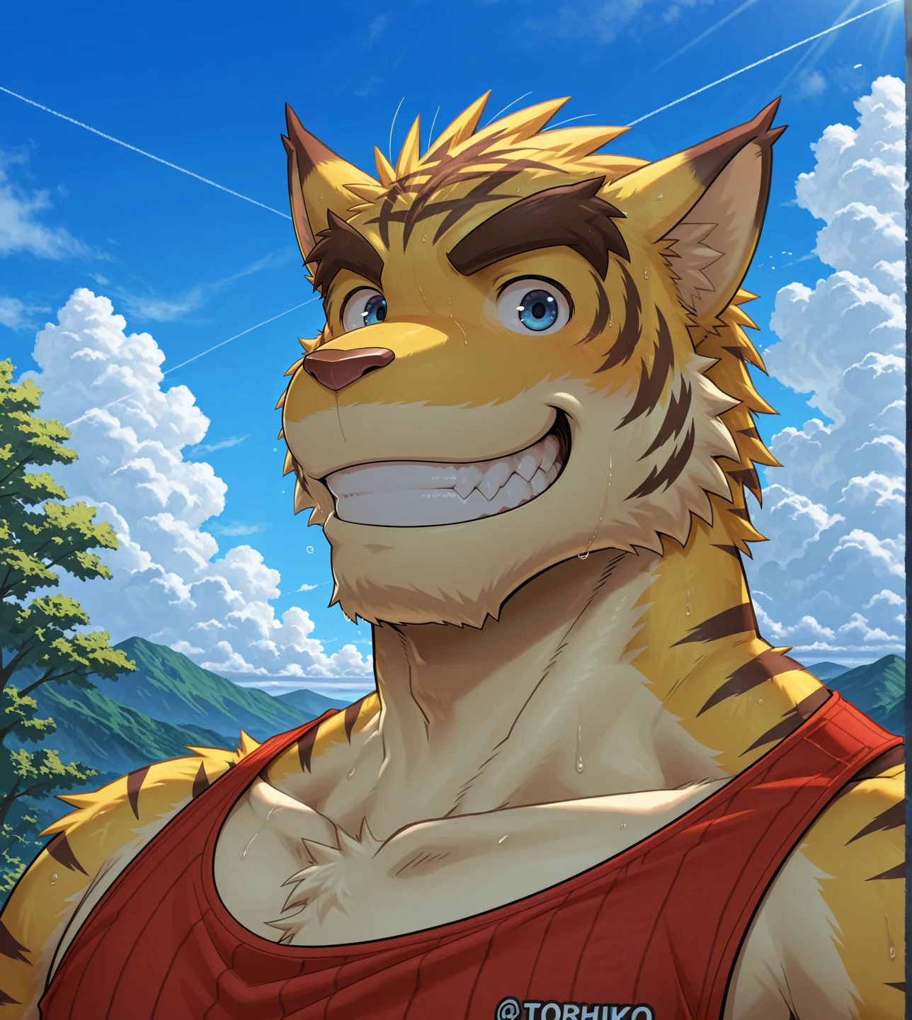 (solo), anthro, furry, male, manly, torahiko, torahiko \(morenatsu\), masculine, red tank top, upper body, smile, blue sky, portrait, male focus,
BREAK masterpiece, best quality, amazing quality, very aesthetic, high resolution, ultra-detailed, absurd res, newest, scenery, <lora:TorahikoIL:0.8>