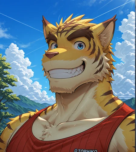 (solo), anthro, furry, male, manly, torahiko, torahiko \(morenatsu\), masculine, red tank top, upper body, smile, blue sky, portrait, male focus,
BREAK masterpiece, best quality, amazing quality, very aesthetic, high resolution, ultra-detailed, absurd res, newest, scenery, <lora:TorahikoIL:0.8>