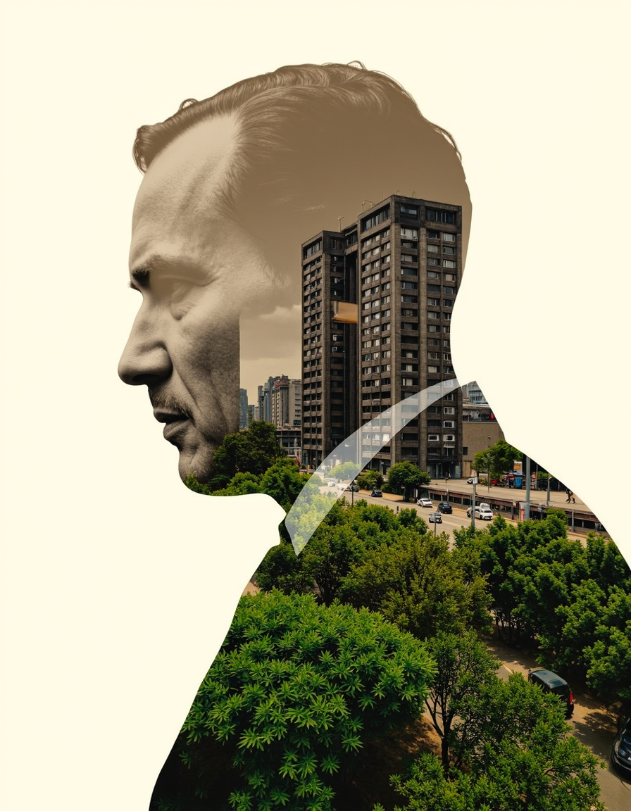 Double exposure photography blending a mid-century monochrome portrait with a modern urban landscape. The profile of the man's face, taken in classic sepia tones, is seamlessly superimposed with a vivid cityscape featuring high-rise buildings and lush green foliage. The fusion of traditional and contemporary elements creates a surreal narrative, evoking a sense of nostalgic contemplation of urbanization and development. The juxtaposition of the human silhouette with the dense foliage and skyscrapers underlines themes of identity and the impact of progress.