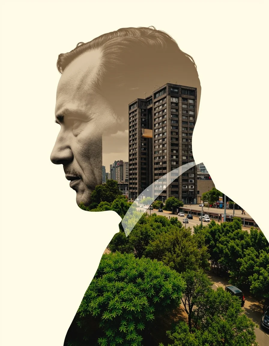 Double exposure photography blending a mid-century monochrome portrait with a modern urban landscape. The profile of the man's face, taken in classic sepia tones, is seamlessly superimposed with a vivid cityscape featuring high-rise buildings and lush green foliage. The fusion of traditional and contemporary elements creates a surreal narrative, evoking a sense of nostalgic contemplation of urbanization and development. The juxtaposition of the human silhouette with the dense foliage and skyscrapers underlines themes of identity and the impact of progress.