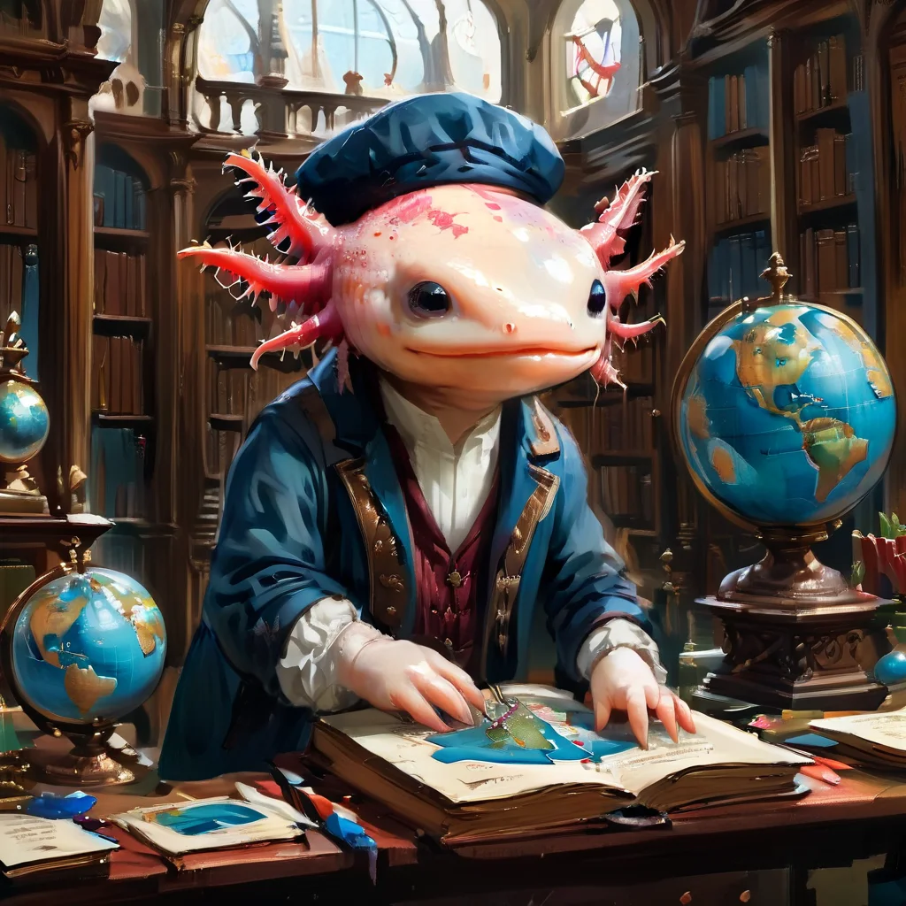 axomodelxl, axolotl dressed as a Renaissance scientist, examining a globe, in an ornate study