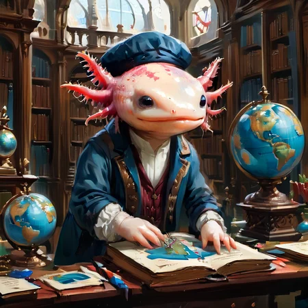 axomodelxl, axolotl dressed as a Renaissance scientist, examining a globe, in an ornate study