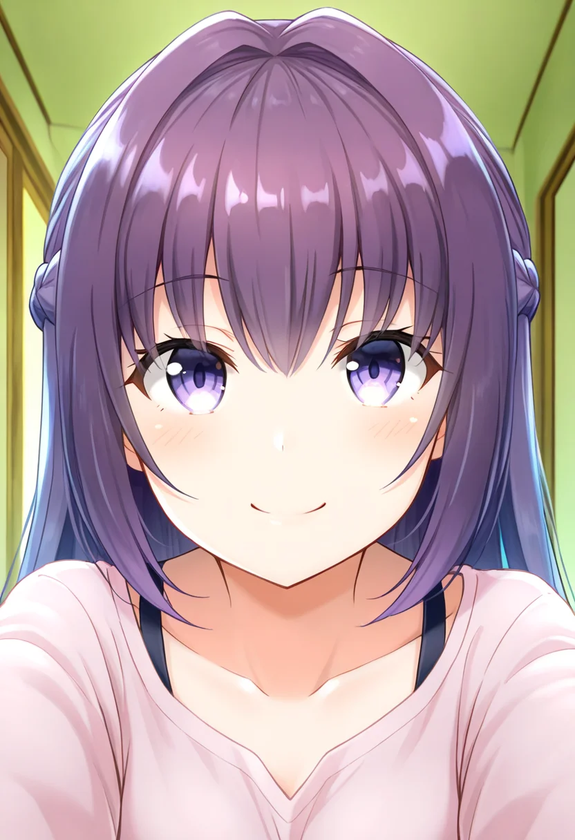 1girl, oregairumiagup, purple hair, braid, eyes, looking at viewer, smile, cute,  <lora:RumiHighSchool_ill_v2:1>, masterpiece, best quality, high quality, detailed, absurdres