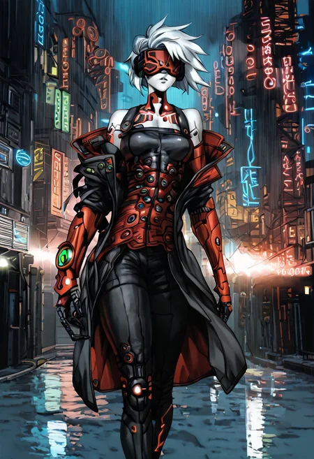 short tomboy hair, clear raincoat, cyberpunk, wearing a vr headset, shiny skin, walking in a cyberpunk dystopian city at night in the poruing rain, illuminated by neon lights <lora:masamune shirow_pony:1> solo, 1girl, cyborg, <lora:NAHIRI:1> nahiri, 1girl, solo, short hair, breasts, bare shoulders, white hair, colored skin, white skin , nomads, alguacile, psitol, ligth armour, red armours, ,, source_anime, score_9_up, score_7_up, score_8_up