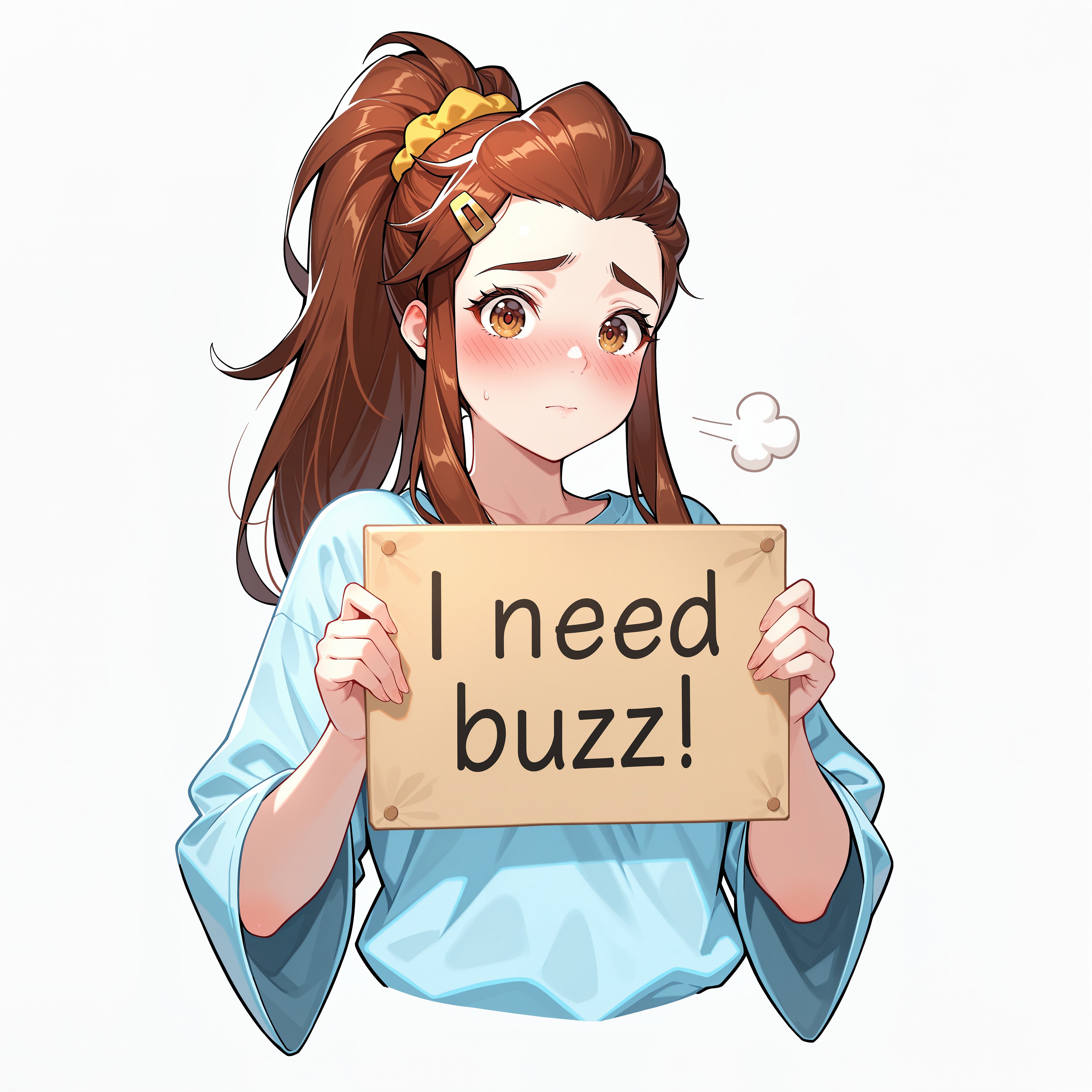 score_9, score_8_up, score_7_up, score_6_up, anime, beautiful, stunning, masterpiece, best quality, amazing quality,

brigitte (overwatch), brown hair, long hair, ponytail, brown eyes,

need_buzz, holding sign

1girl, solo, hair ornament, long hair, blush, hairclip, simple background, shirt, blue shirt, upper body, looking at viewer, long sleeves, puff of air, cropped torso, closed mouth, scrunchie, wide sleeves,


























