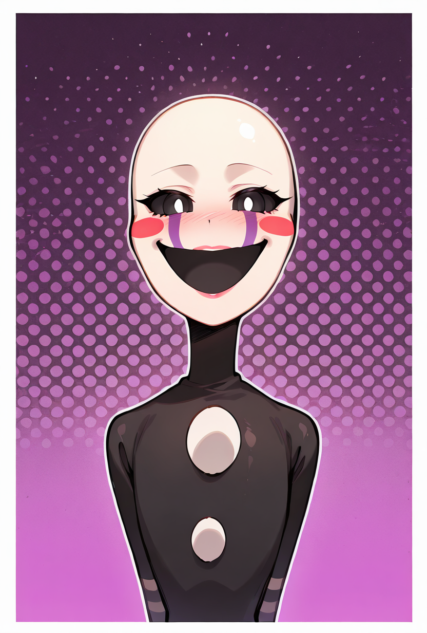 looking at viewer, expressive,   posing,    , <lora:puppet-10:1> puppet, solo, 1girl, mask, black bodysuit, smile, open mouth, blush stickers, striped, purple tear streaks, black sclera, white pupils,, masterpiece, best quality, amazing quality, very aesthetic, absurdres, newest,, upper body, halftone effect, white borders, abstract background:1.2,
