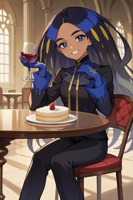 score_9, score_8_up, score_7_up, score_6_up, source_anime, BREAK 1girl <lora:geeta-pdxl-nvwls-v1-000006:1> geeta, multicolored hair, neck ribbon, black jacket, black pants, gloves, mansion, wineglass, holding wine, round table, chair, cake, looking at you, happy, sitting