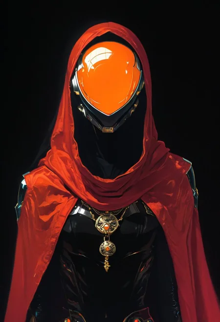 resembling intricately-detailed daft punk, an excentric laughing feudal wired-cyborg hkfuture Rococo shinobi, vibrant Red orange colorful, 80s synthwave style, translucent red velvet high collar blouse, the face shrouded in darkness, a Large hooded Linen Cape with Highlights and Ornaments, volumetric lighting, ultra detailed, deep Blacks, very detailed, atmospheric haze, Film grain, cinematic film still, shallow depth of field, highly detailed, high budget, cinemascope, moody, epic
