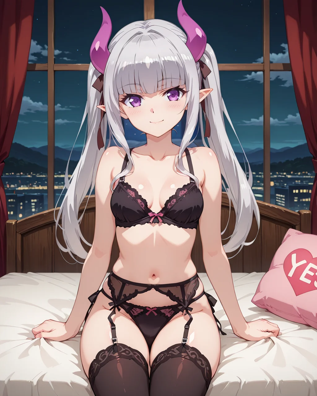 masterpiece,best quality,very aesthetic,anime screen,
shiny skin,
BREAK
indoors,night,bed,curtains,yes-no_pillow,bed_sheet,
BREAK
shelia,1girl,solo,horns,grey hair,small_breasts,blunt bangs,bangs,long_hair,purple eyes,pointy_ears,twintails,
black panties,black bra,black thighhighs,garter belt,
smile,
<lora:Shelia_Illustrious:1>,